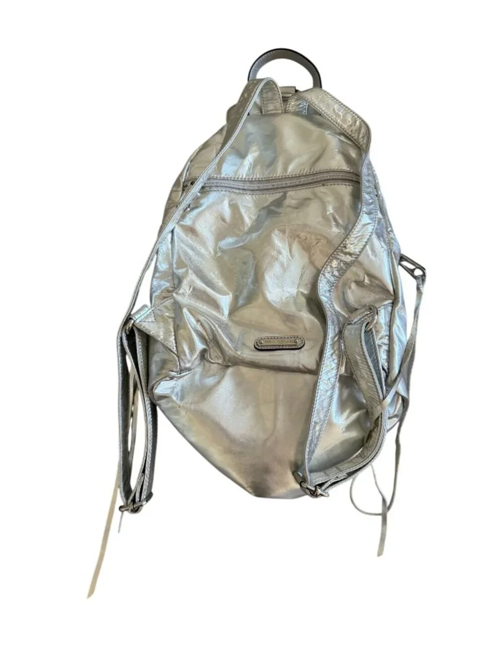 REBECCA MINKOFF Silver Metallic Zip Backpack
